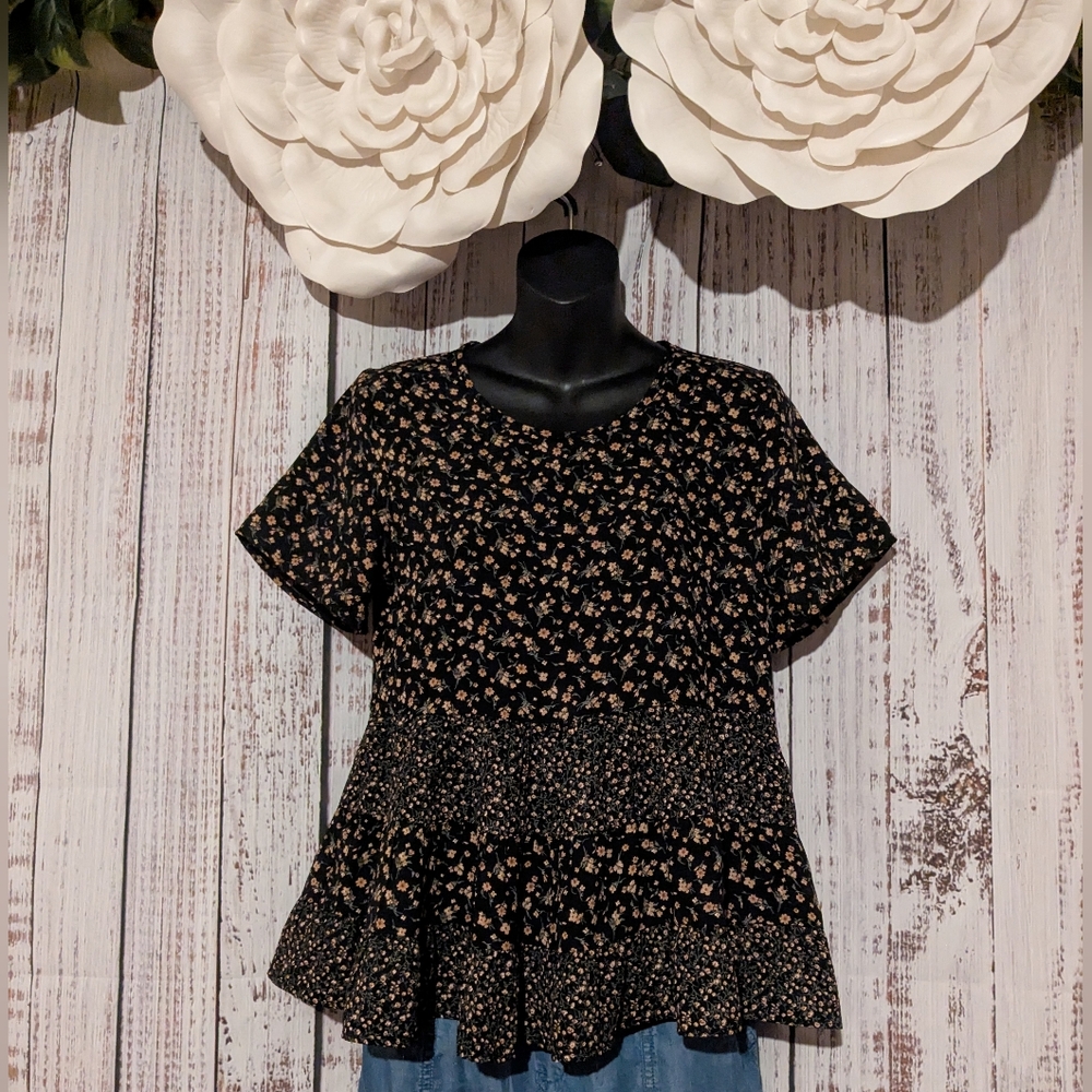 Paper Crane Peachy Pink Floral Color block Peplum Blouse Top